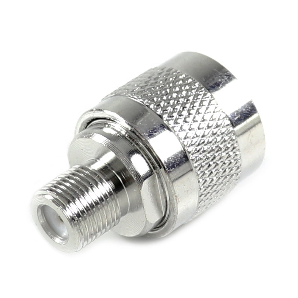 Adaptador coaxial F hembra a N macho. Vista 4 del producto; las piezas repetidas muestran diferentes ángulos.