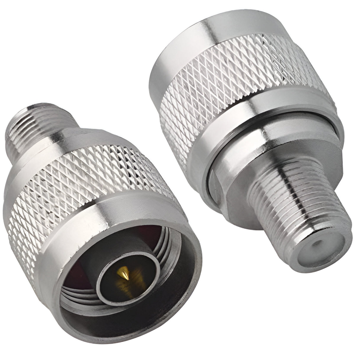 Adaptador coaxial F hembra a N macho. Vista 6 del producto; las piezas repetidas muestran diferentes ángulos.
