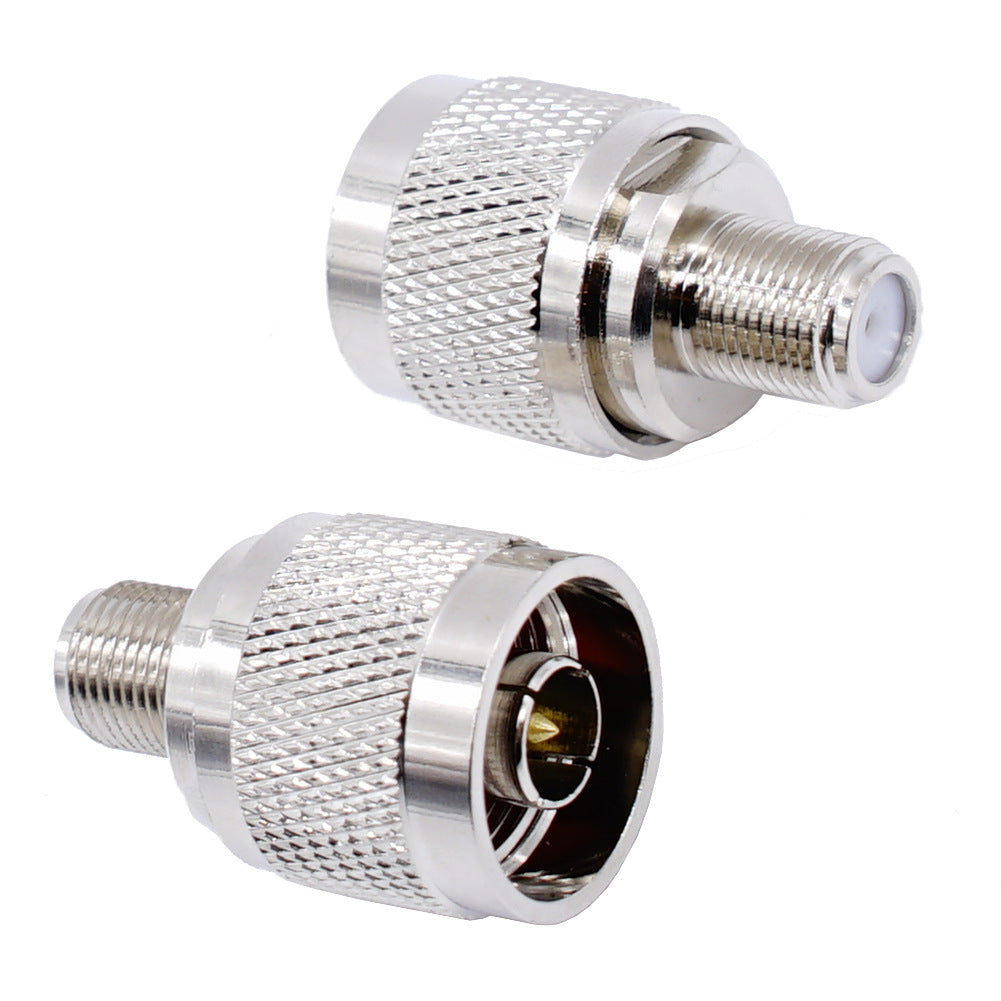 Adaptador coaxial F hembra a N macho. Vista 7 del producto; las piezas repetidas muestran diferentes ángulos.