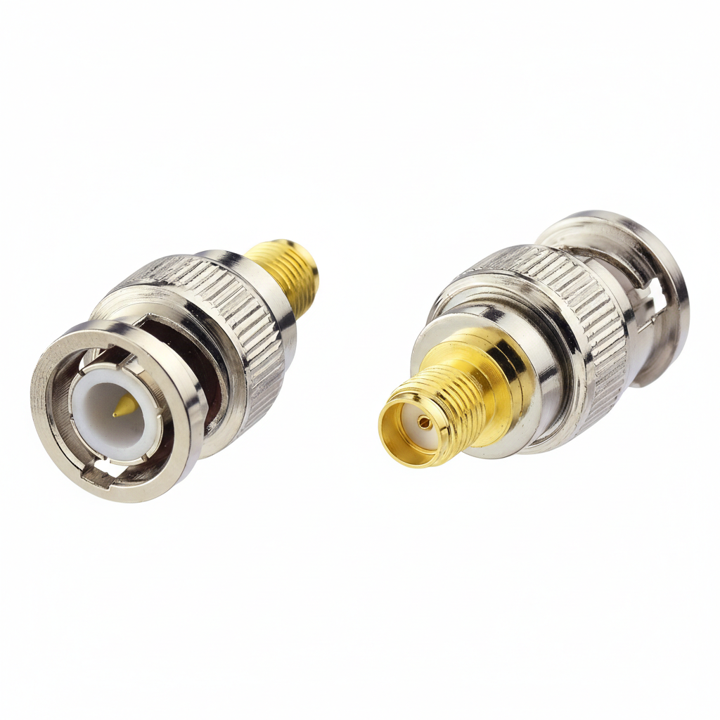 Adaptador BNC macho a SMA hembra. Vista 4 del producto; las piezas repetidas muestran diferentes ángulos.