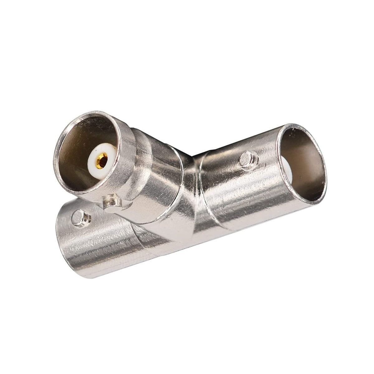 Divisor BNC macho a 2 BNC hembra. Producto sobre fondo blanco.