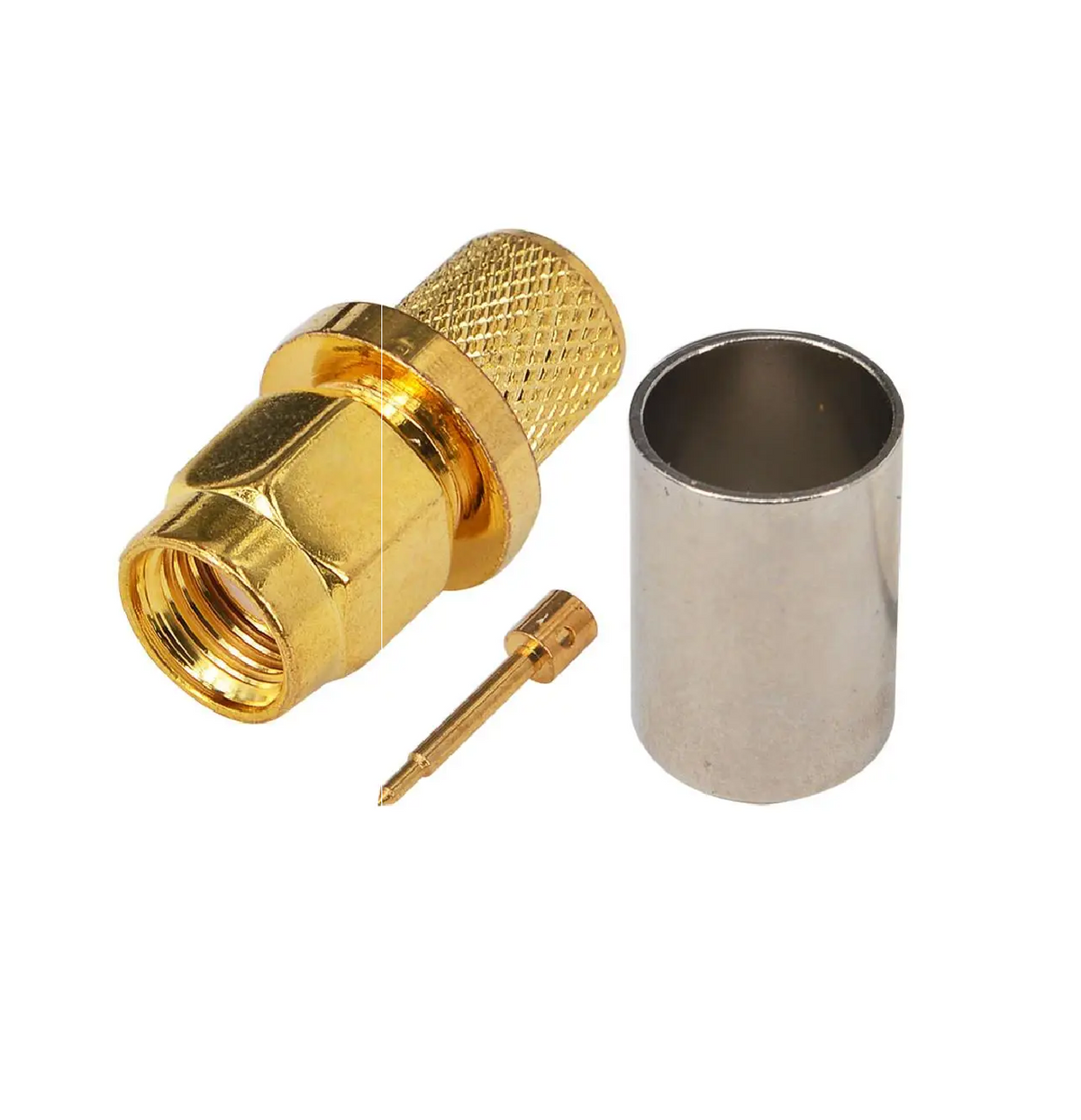 Conector SMA macho para cable RG6. Producto sobre fondo blanco.