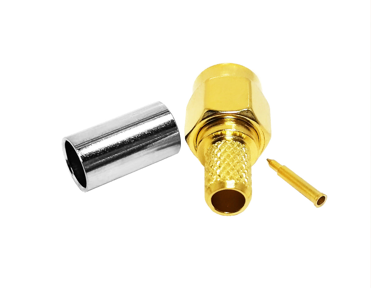 Conector SMA macho para cable RG58. Vista 3 del producto; las piezas repetidas muestran diferentes ángulos.