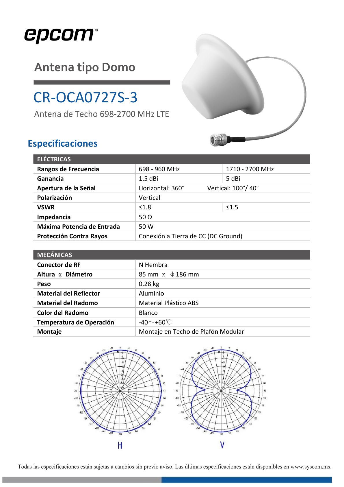 Ficha técnica oficial EPCOM CR-OCA0727S-3 con bandas, ganancia, dimensiones y patrones de radiación