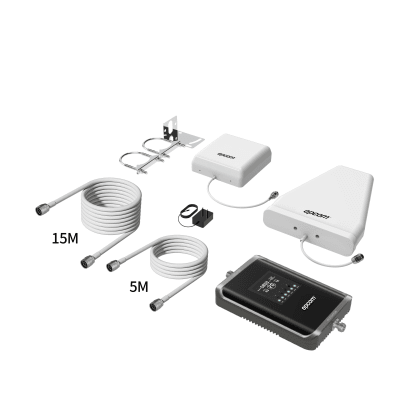 Contenido del kit EPCOM EP-5G-PBS-V2: amplificador, antenas, fuente, montajes y cables de 15 m y 5 m