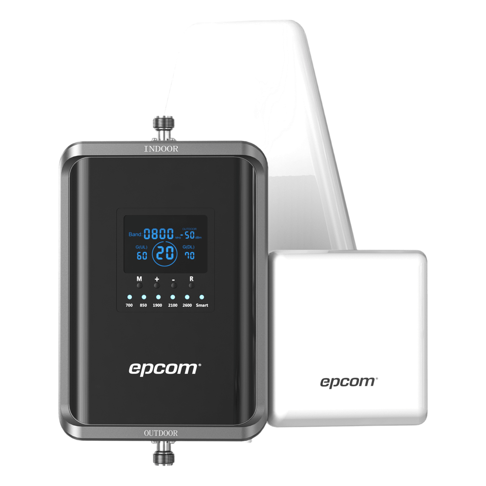 Kit EPCOM EP-5G-PBS-V2 con amplificador, antena exterior y una antena interior de panel.