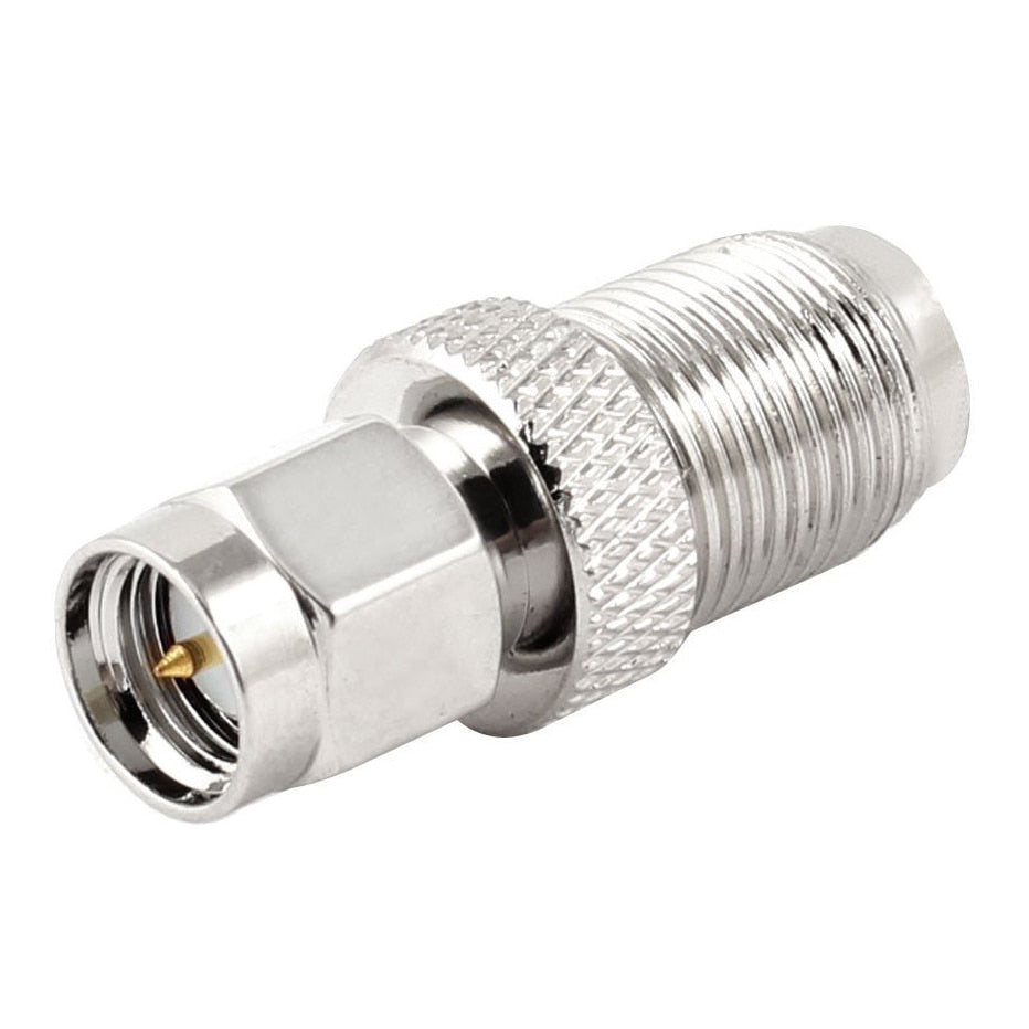 Adaptador coaxial F hembra a SMA macho. Vista 4 del producto; las piezas repetidas muestran diferentes ángulos.