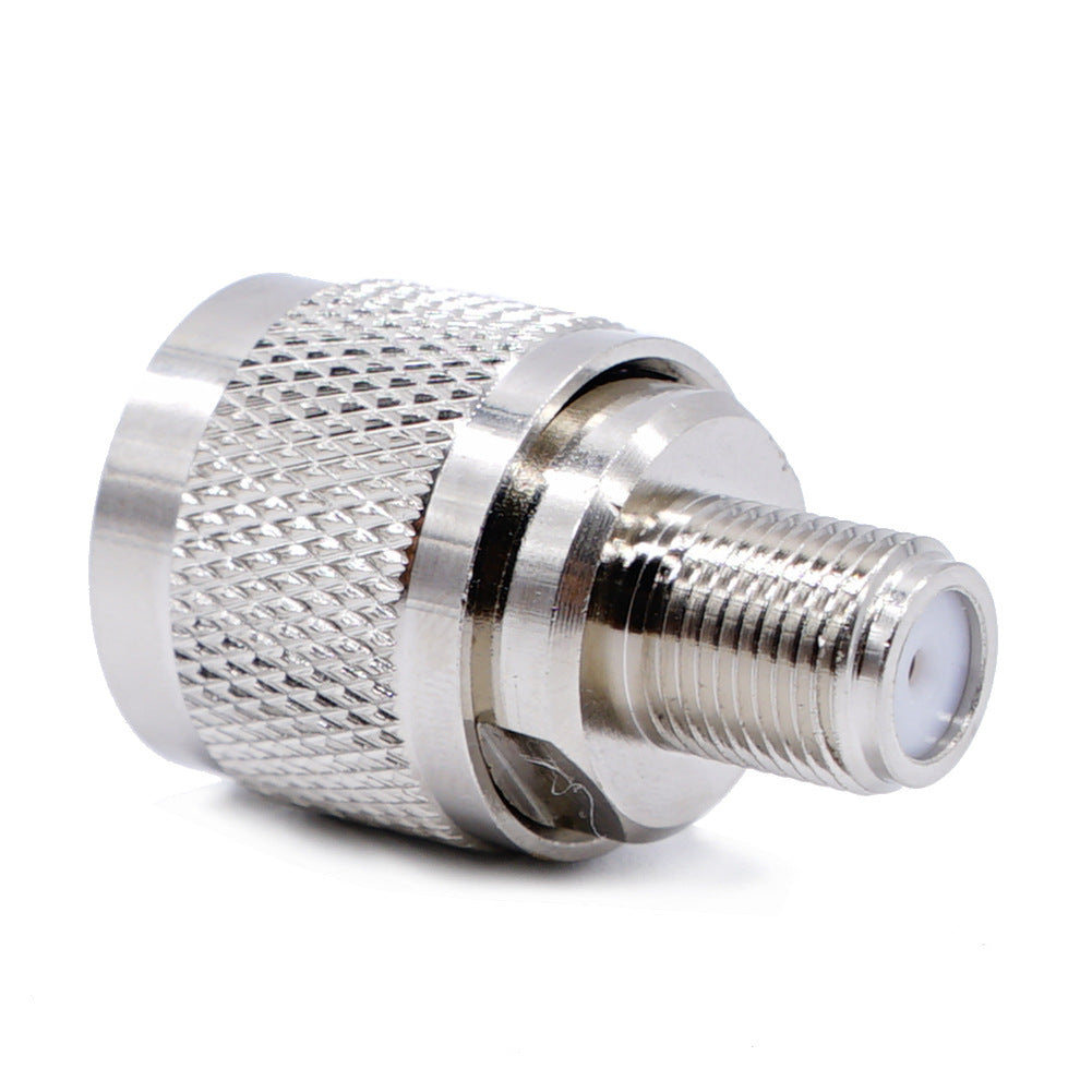 Adaptador coaxial F hembra a N macho. Vista 2 del producto; las piezas repetidas muestran diferentes ángulos.