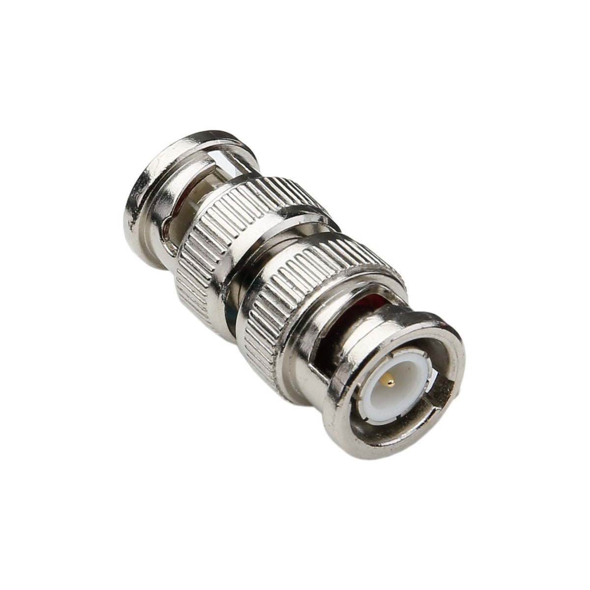 Adaptador BNC macho a BNC macho. Producto sobre fondo blanco.