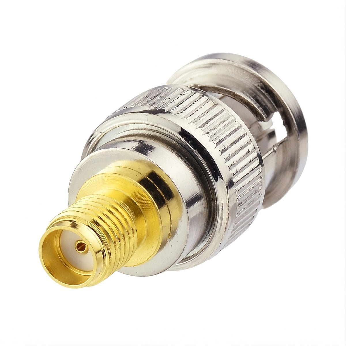 Adaptador BNC macho a SMA hembra. Vista 2 del producto; las piezas repetidas muestran diferentes ángulos.