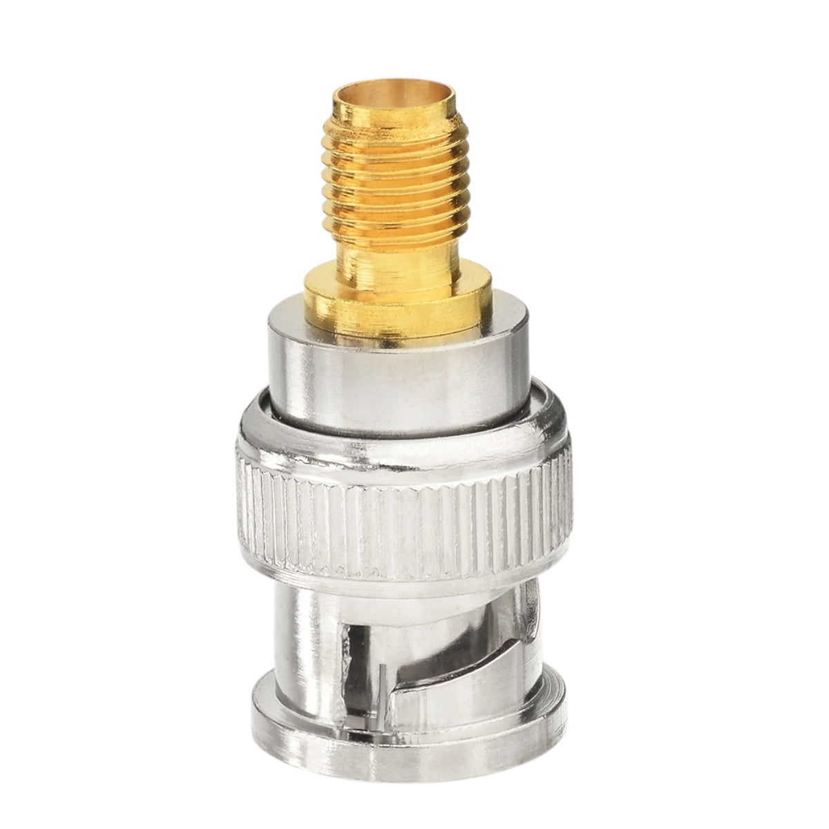 Adaptador BNC macho a SMA hembra. Vista 3 del producto; las piezas repetidas muestran diferentes ángulos.