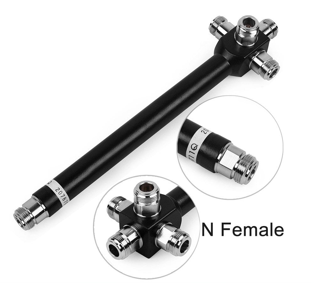 Divisor de señal 1 N hembra a 4 N hembra, 50 Ω. Vista 5 del producto; las piezas repetidas muestran diferentes ángulos.