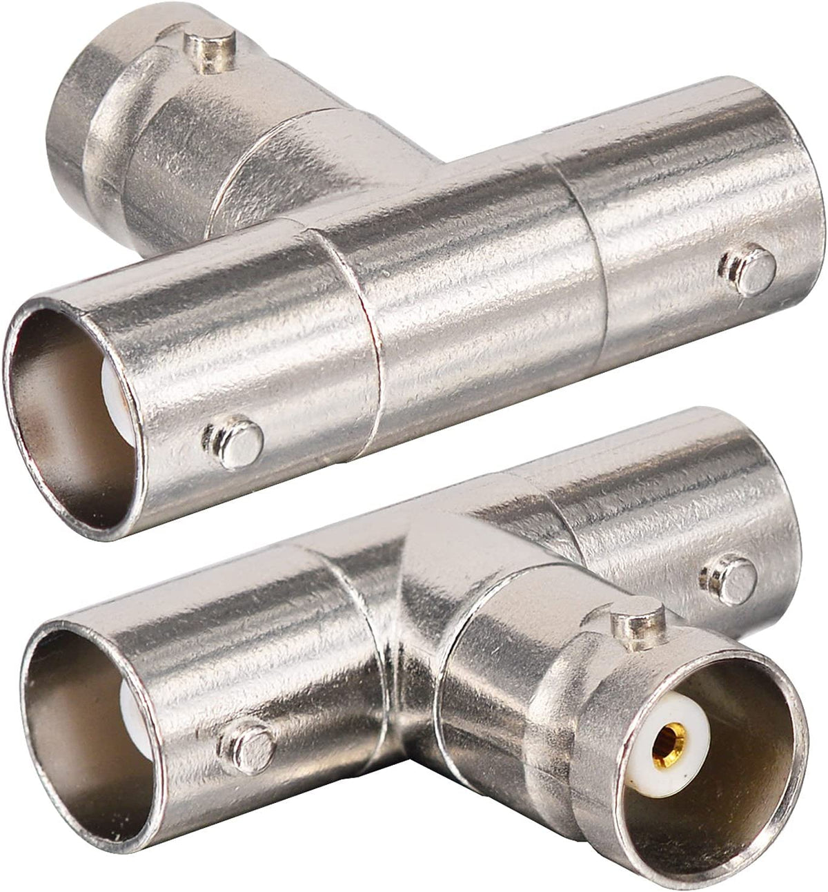 Divisor BNC macho a 2 BNC hembra. Vista 3 del producto; las piezas repetidas muestran diferentes ángulos.
