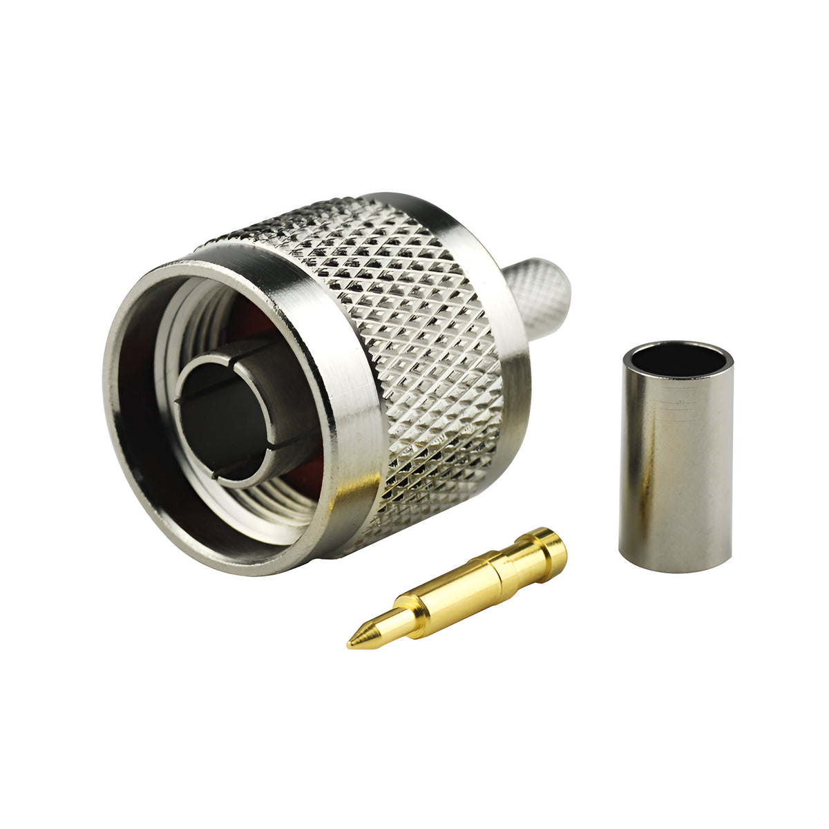 Conector N macho para cable RG58. Producto sobre fondo blanco.