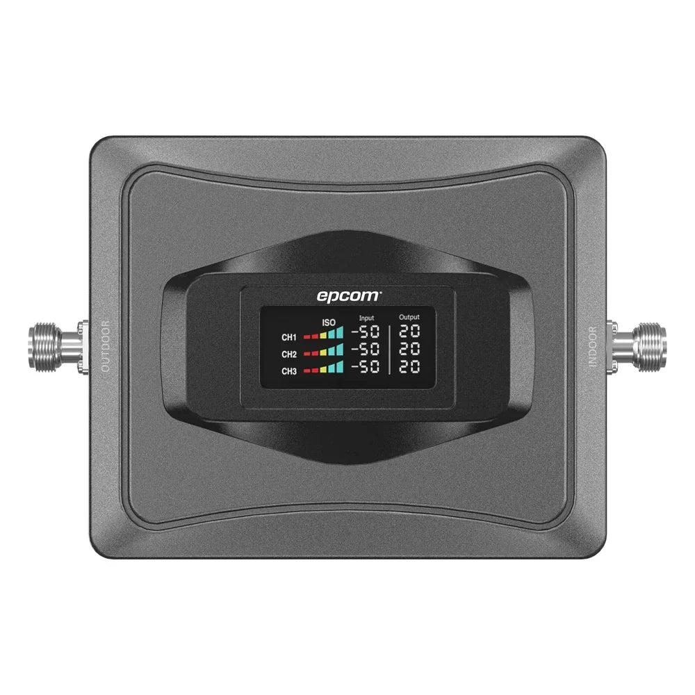 Amplificador EPCOM EPTB4GV3: pantalla frontal y conectores N hembra