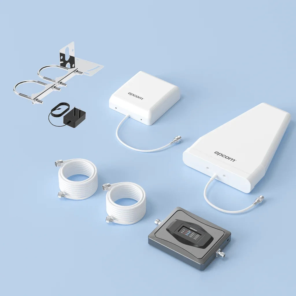 Componentes del kit EPCOM EPTB4GV3: amplificador, antenas, cables, fuente y montaje