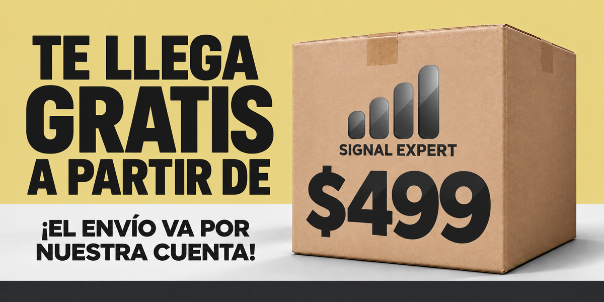 Te llega gratis a partir de $499. Signal Expert. El envío va por nuestra cuenta; logo en escala de grises sobre una caja.