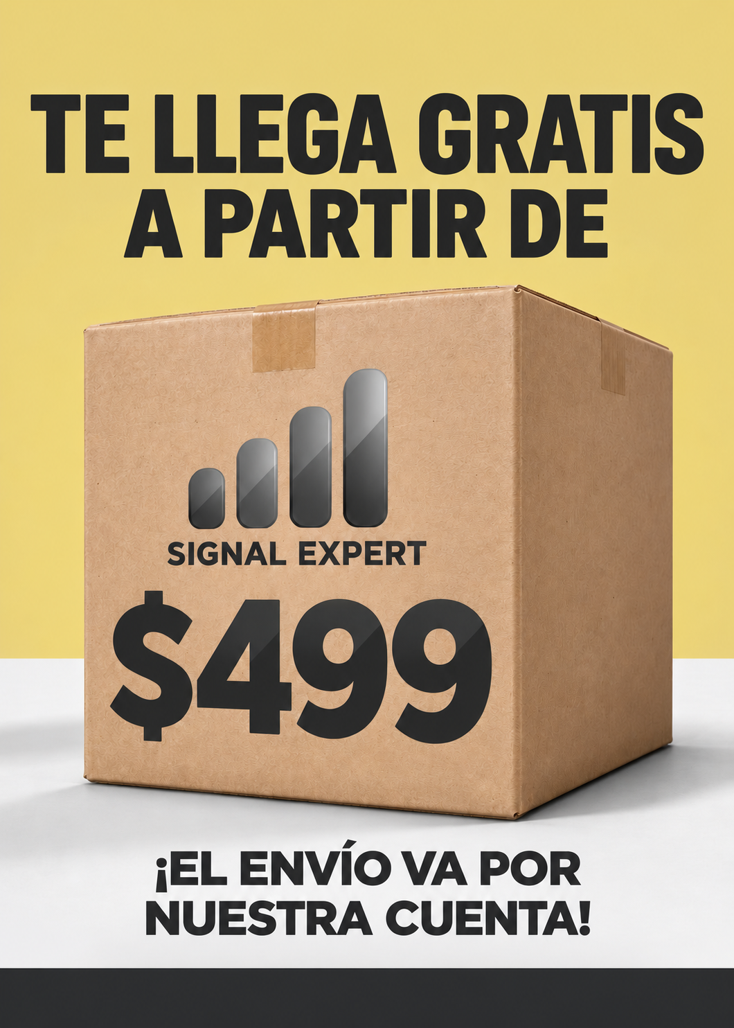 Envío gratis en compras a partir de $499 en Signal Expert. Logo en escala de grises sobre una caja; composición para móvil.